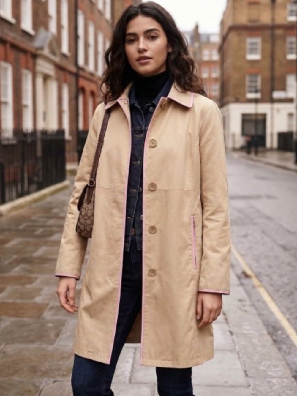 Coach Women’s Beige Trench Coat Pink Leather Trim Signature Lining Size 12